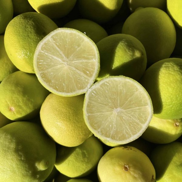 Ganze und eine halbierte hellgrüne Limette auf neutralem Hintergrund.