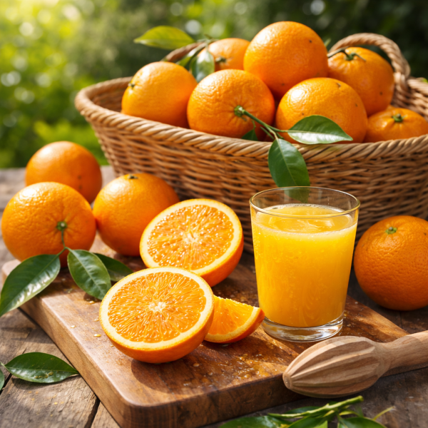 Valencia-Orangen mit grünen Blättern direkt am Baum in Sizilien