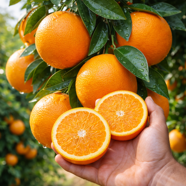 Frische Valencia-Orangen sortiert in einer Holzkiste bereit für den Versand.