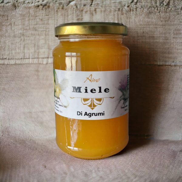 Miel d'agrumes 450g Amo Miele Glas mit goldenem Deckel und Label